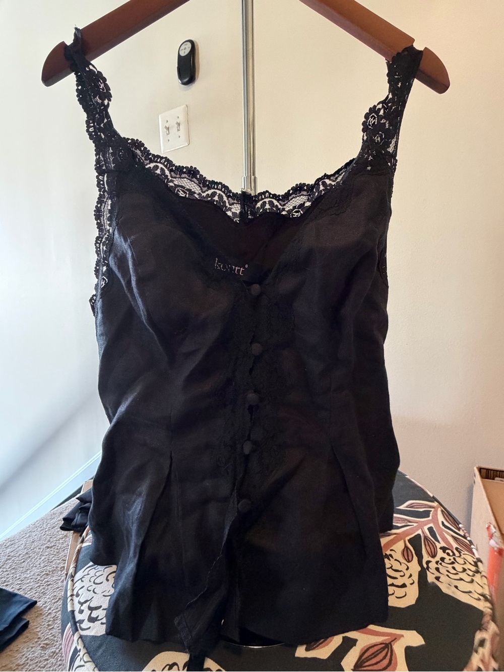 Black Linen and Lace Trim Button-Front Camisole from Few Moda